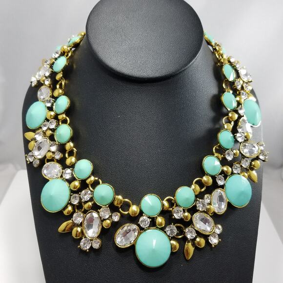 Turquoise Blue Clear Rhinestone Gold Statement Necklace - Picture 7 of 8
